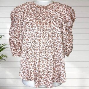 Veronica Beard Bocke Blouse Top Cotton Floral Lightweight Boho Gathered L M